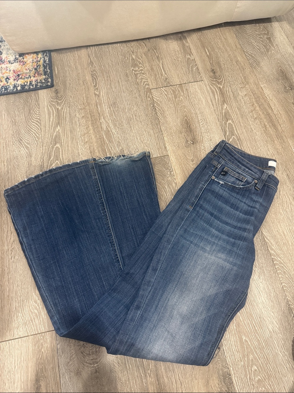 KanCan Dark-Medium Distressed Hem Blue Wide-Leg Flare Jeans with Raw Hem